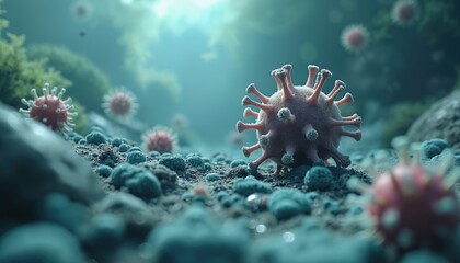 Microscopic view of coronavirus particles on ground. Pathogens spread infection causing pandemic illness. Microbes threaten human health and global health security.