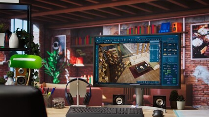 Architectural design software on computer in home office used for moving interior design project assets. CAD software interface on PC display showing home floor plans, jib up shot