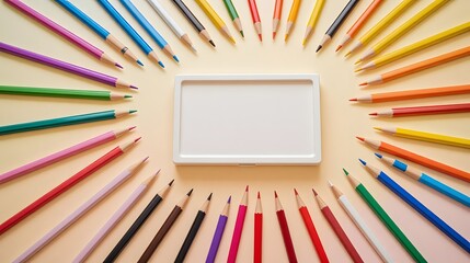 Vibrant colored pencils framing a blank canvas, ideal for creative projects, artistic presentations, or back to school promotions with space for text