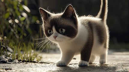A small, adorable kitten with brown and white fur walks on a stone surface outdoors. The kitten is illuminated by sunlight, creating a warm, inviting atmosphere