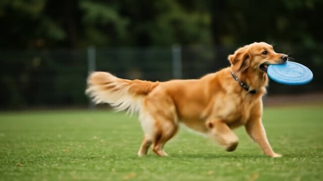 Golden retriever with a blue frisbee in its mouth runs across a grassy field
