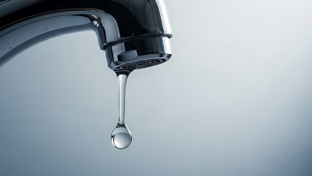 Close up of a single drop of water falling from a dripping chrome faucet in a close up shot