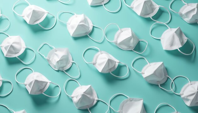 Multiple white FFP2 and FFP3 masks laid out in pattern on blue background. Face protection equipment for virus and disease control. Health care and safety measures.