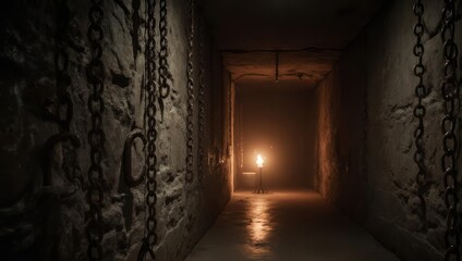 Obraz premium Eerie Dungeon Passage with Chains and Distant Light Source.