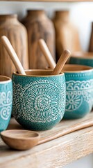 Close-up of decorative teal ceramic bowls with wooden spoons and other wooden objects on a shelf. The bowls have white patterns.