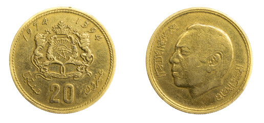 Morocco twenty santimat coin against white isolated background