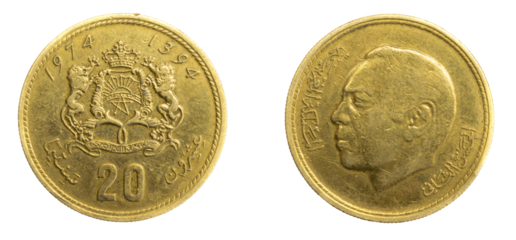 Morocco twenty santimat coin against white isolated background