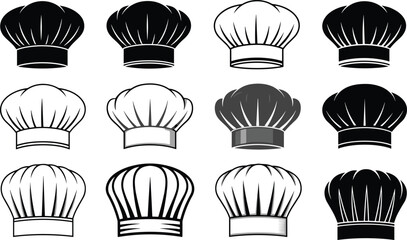 Collection of chef hat illustrations in various styles, cooking and culinary icons, professional kitchen symbol set for restaurant branding and food design