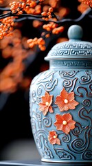 A close-up shot of a decorative blue vase adorned with orange flower embellishments, set against a blurred background of orange flowers and branches.