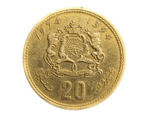 Morocco twenty santimat coin against white isolated background