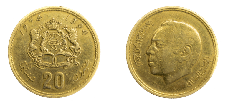 Morocco twenty santimat coin against white isolated background
