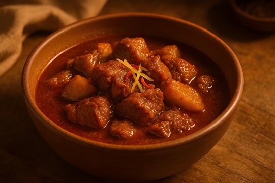 Hearty and Savory Massaman Curry with Beef and Potatoes (Gaeng Massaman Neua) - Mild Southern Thai Curry Served in a Wooden Bowl Under Warm Lighting