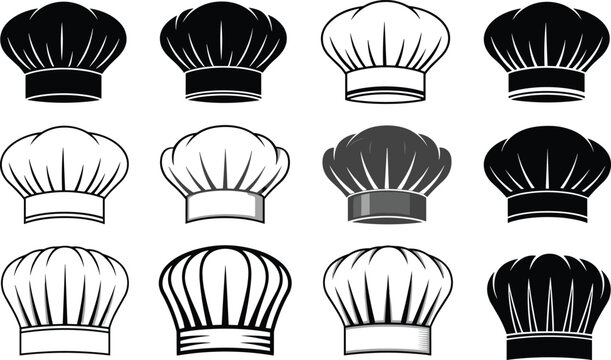 Collection of chef hat illustrations in various styles, cooking and culinary icons, professional kitchen symbol set for restaurant branding and food design