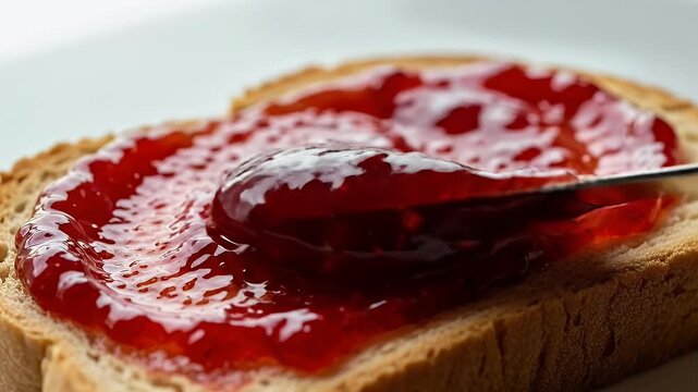 Close-up of a slice of bread with vibrant red jam being spread on top, showcasing the texture and glossy appearance of the fruit spread