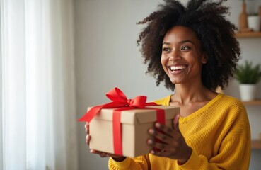 Happy young african american woman gives present, smiling broadly indoors. Curly afro hair frames joyful face. Holds gift box with red ribbon for celebration. Millennial lady shares happiness for