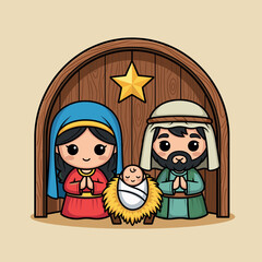 Vector illustration of cute cartoon Nativity scene with Mary, Joseph and baby Jesus in stable. Concept of happy Christmas, children's religion and holiday celebration