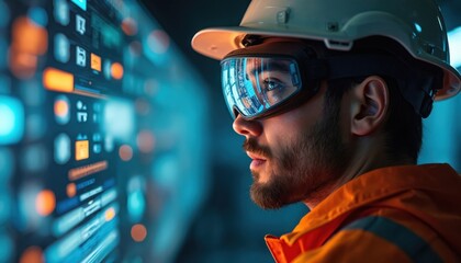 Worker in hard hat, tech goggles observes futuristic augmented reality interface. Man focuses on digital screen, controlling system. Engineer monitors data display with modern visor. Innovation at