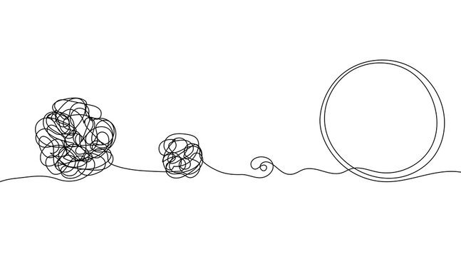 Chaos and order abstract minimalist vector illustration. Concept of a complex disorganized problem represented by a tangled continuous black line that needs unraveling. 