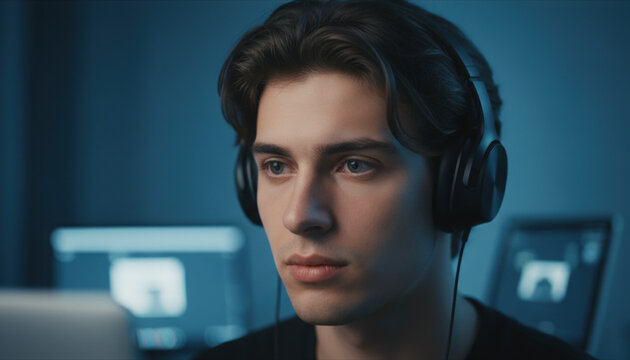 Young man with headphones concentrating while using laptop and tablet emitting blue light, generation z, student using technology, studying online and work from home