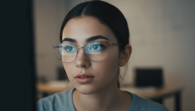 Gen Z woman looking at code on screen with curious expression for tech blog, educational websites, software company marketing and ads for generation z.