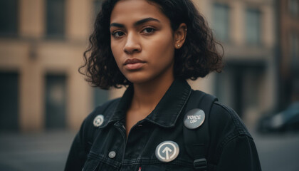 Serious young woman supports social campaign for Gen Z marketing, advocacy blogs, and social media outreach