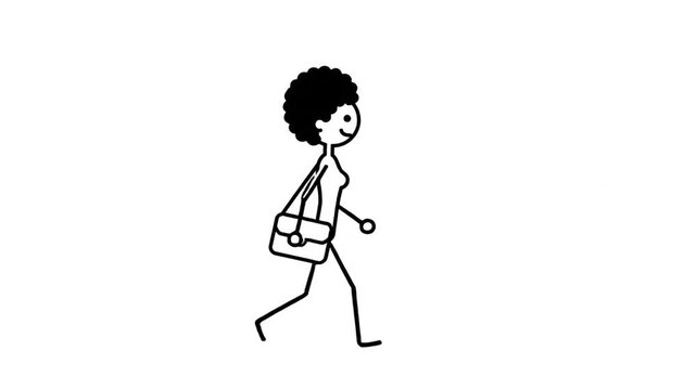 Simple Black And White Cartoon Stick Figure Woman With Afro Hair Walking With A Handbag Isolated On White Background