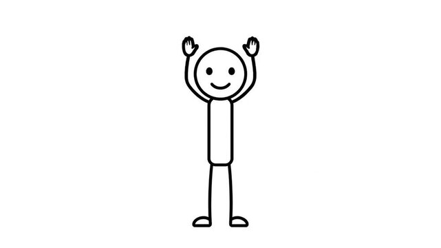 Simple Black And White Stickman Character Celebrating With Arms Raised High And A Joyful Expression On Isolated White Background Studio Lighting