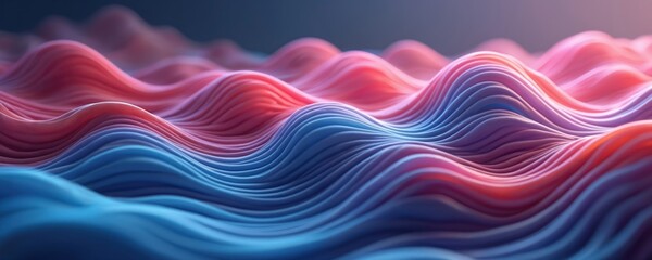 Abstract 3D render, wavy lines flow with soft pink, blue colors, creating dynamic fluid effect on smooth surfaces. Gentle curves form landscape of layered waves, suitable for tech backgrounds