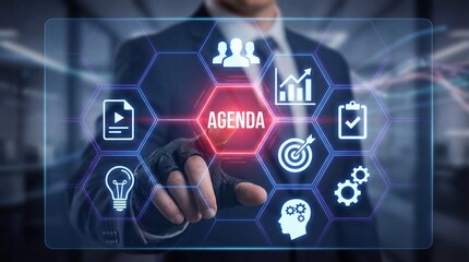 Businessman interacting with a digital agenda interface for planning and strategy