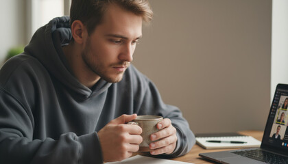 Young man with light stubble holding coffee cup and thinking at desk concept generation Z, young adult lifestyle for social media, gen z blogs, websites, and online ads