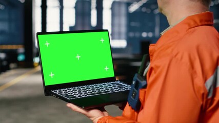 Mockup screen laptop with supervisor oversees construction and production tasks, surrounded by industrial machinery, metal tools and engineering elements that support strong manpower. Camera B. - Powered by Adobe