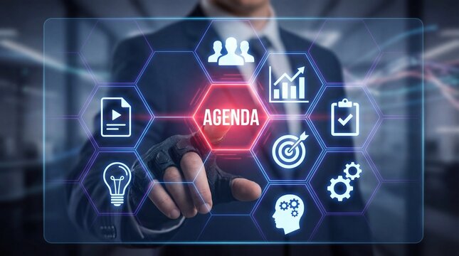 Businessman interacting with a digital agenda interface for planning and strategy - Powered by Adobe