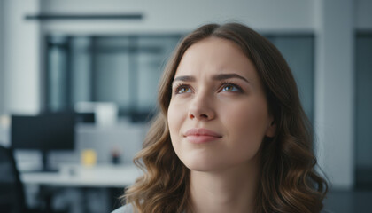 Young woman looking up with determination, anticipating future achievements in blurred office setting, concept for Generation Z career aspirations