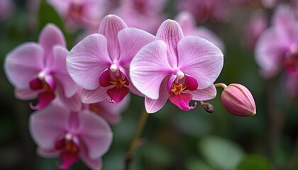 Fototapeta premium Pink orchids bloom with vibrant petals, displaying intricate details. Delicate flowers show bright color. Unbloomed bud sits beside, hinting at future blossoms. Green leaves provide contrast.