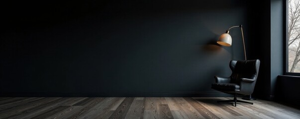 Deep shadow, bare black wall, dark furniture silhouettes , minimalist decor, dark, elegant