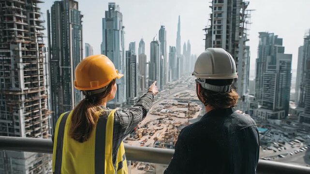 Cityscape Inspection: Two construction workers, adorned in protective helmets, oversee the bustling cityscape, pointing toward ongoing projects.