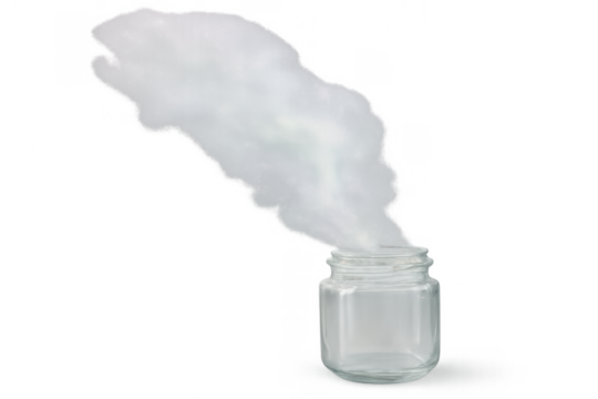 White smoke or vapor escaping from clear glass jar representing magic, wishes, freedom, release, and imagination