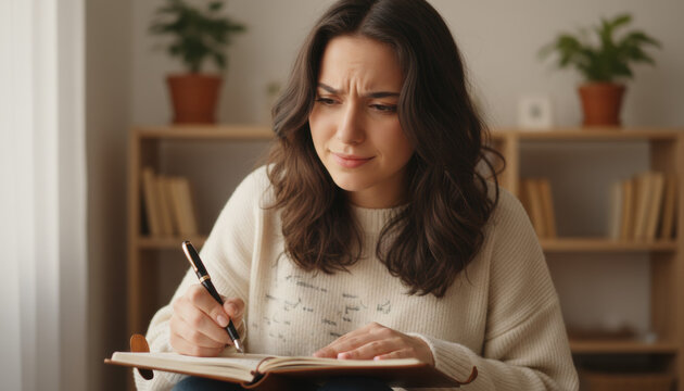 Thoughtful young woman writing in journal, expressing self analysis, for Gen Z blogs, personal websites, mental health resources and study guides