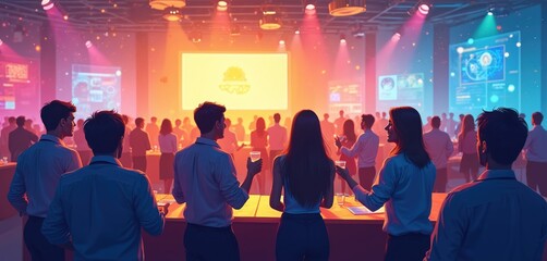 Crowd of professionals networking. Business partners communicate at company meeting. People relax in lounge area. Business conference attendees talk. Corporate event with coworkers socialize, drink