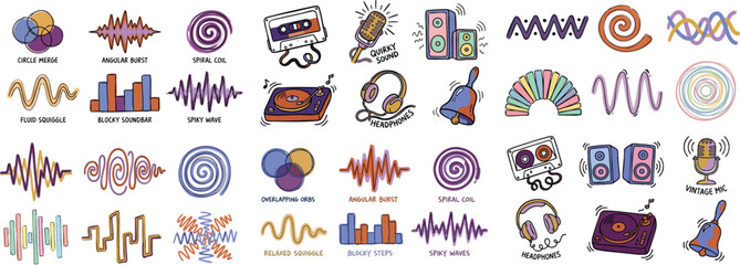 Whimsical doodle vector sheet showing close up pastel sound icons including cassette, turntable, headphones, speakers, spiral coil, vintage mic, overlapping orbs, sketchy ink outlines, playful layout