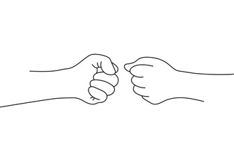 Continuous one-line drawing of two arms and hands performing a fist bump. Minimalist design symbolizing teamwork, partnership, unity, agreement, friendship, and collaboration. 