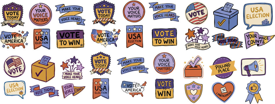 Hand-drawn sticker style panoramic layout of multi-color usa voting badges and ballot boxes, close-up flat vector composition showing vote today ribbons and polling icons playful bright