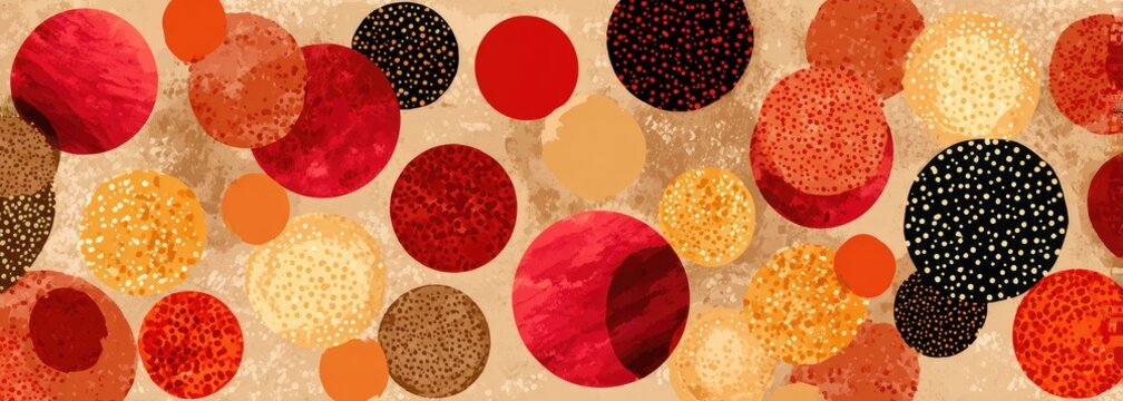 Abstract, colorful composition. Various sized and textured circles arranged across a beige background. Red, orange, and brown hues