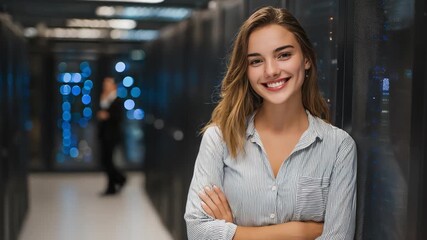 Confident Technician in Server Room: A poised technician with a warm smile stands confidently amidst a network of servers, symbolizing expertise and innovation in data management. - Powered by Adobe
