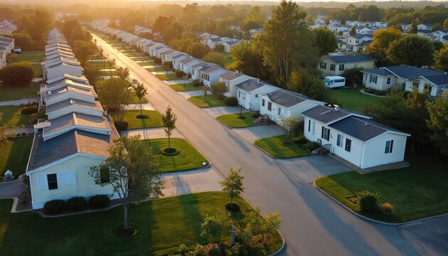 Aerial view of neat manufactured homes lined up on quiet street. Sun casts warm light over green lawns, trees in tidy residential neighborhood. Houses organized in structured community layout.
