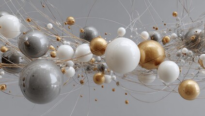 Abstract composition of floating spheres, gold, silver, and white, intertwined