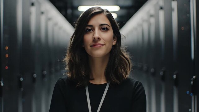 Confident Professional in a Data Center: A poised professional stands centered in a server room, the glow of technology illuminating her confident demeanor. Capturing a blend of expertise, security.