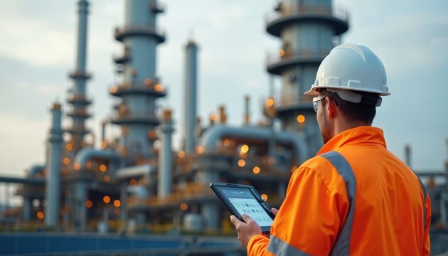Engineer monitors modern oil refinery plant infrastructure. Worker wears hard hat, safety jacket, protective glasses. Uses digital tablet for data analysis, process control, ensuring workplace