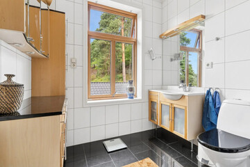 Modern bathroom interior in minimal scandinavian style, 3d render