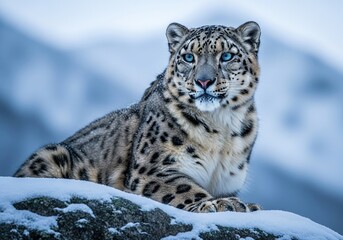 Majestic snow leopard resting peacefully on snow covered mountain rock